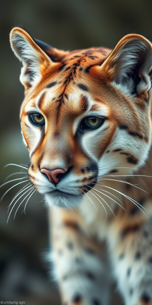 Regenerate an artistic portrait of a cougar featuring soft watercolor effects and detailed fur textures, use a DSLR camera with a 50mm lens at f/1.8, ISO 200, and a shallow depth of field from a slightly low angle for enhanced clarity.