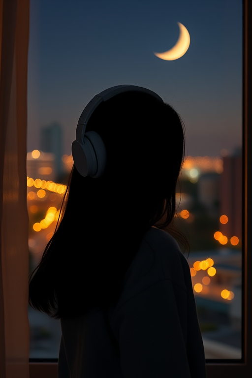 create a cozy nighttime scene of a girl with headphones gazing out a window with city lights and a crescent moon, soft warm lighting, shot with a full-frame camera, f/1.8 aperture, ISO 200, 50mm lens, natural light style, capturing a serene atmosphere