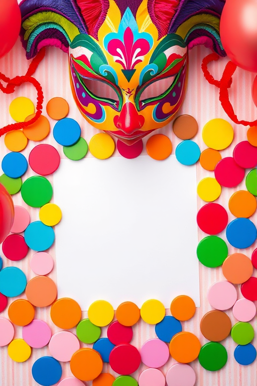 Create a vibrant and playful carnival-themed image featuring a colorful mask at the top and an array of multicolored circles surrounding a blank square in the center, shot with a 50mm lens at f/2.8, ISO 100, overhead view using a DSLR camera, high-resolution settings to enhance image quality.