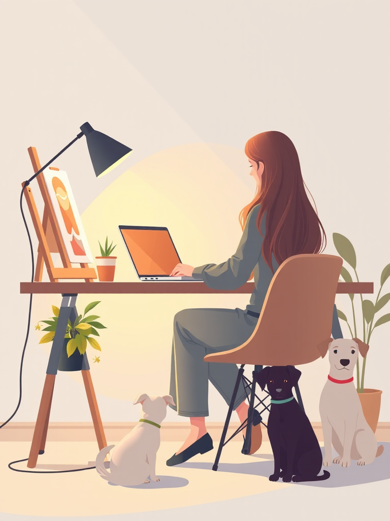 Create a digital illustration of a woman with long hair sitting at a minimalistic desk working on a laptop, include an easel with art supplies, a plant, and two small dogs beside her, use a soft focus with warm lighting, settings: ISO 200, aperture f/2.8, shutter speed 1/60s, view: eye level, style: modern flat design, camera type: digital mirrorless.