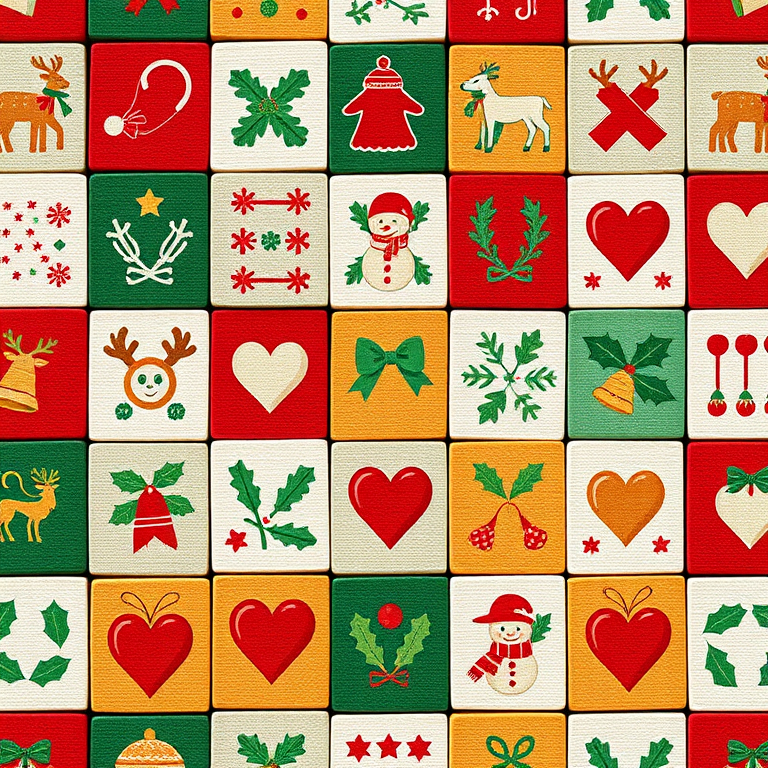 Create a high-resolution Christmas-themed textile pattern featuring colorful blocks with festive symbols like gingerbread men, snowmen, reindeer, bells, holly, and hearts, captured with a DSLR camera at f/8 aperture, ISO 100, 50mm lens, top-down flat lay style for maximum clarity and detail.