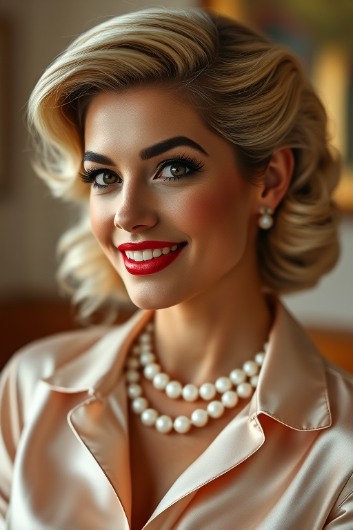 A beautiful Latino woman reminiscent of 1950s Hollywood glamour, with perfectly styled blonde hair and a seductive smile, dressed in a satin blouse and adorned with pearls, soft and warm tones, photorealistic, 8K