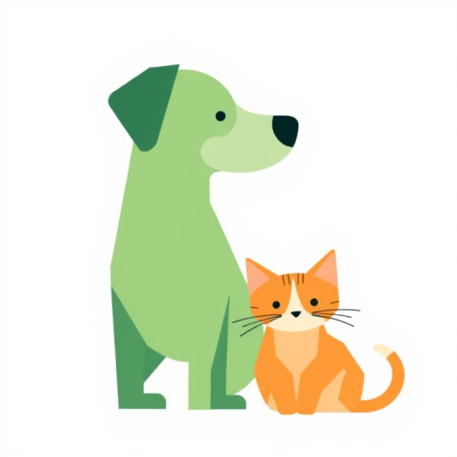 create a minimalist illustration of a dog and cat with geometric shapes, use a soft color palette, with the dog in green and the cat in orange, background white, shot with a DSLR camera at f/2.8 aperture, ISO 100, 50mm lens, natural lighting for a clean and vibrant look