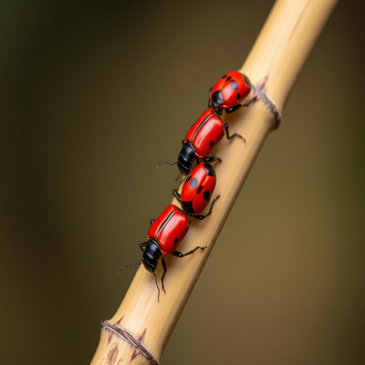 macro shot of red and black beetles on a bamboo stalk with a shallow depth of field, 100mm f/2.8 lens, ISO 200, 1/200s, natural soft lighting, DSLR camera, focus on the insects and blurred background