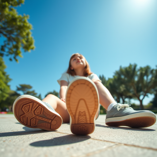 Generate an ultra-realistic, highly detailed, high-definition photograph. It's a photo of a girl sitting on the floor. She's looking at the horizon. The photo is taken from the bottom up, at ground level. The girl's sneakers are in the foreground, in the center of the scene. The girl is wearing light clothes, a t-shirt and short shorts. The sky is blue. Bright environment. The background is a blurred image of a park.
