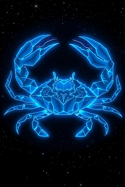 Create an intricate digital illustration of a glowing blue crab symbolizing the zodiac sign Cancer, set against a dark starry background, using a Canon EOS R5 camera with a 50mm f/1.8 lens, aperture set at f/2.8, ISO 100, and a soft-focus effect to enhance details.