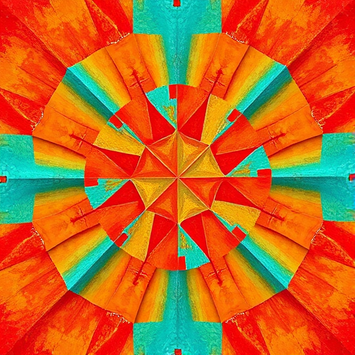 abstract geometric pattern in vibrant colors of orange, turquoise, and red with a textured look, shot with a DSLR camera, ISO 100, f/8 aperture, 50mm lens, top-down view, vibrant color profile