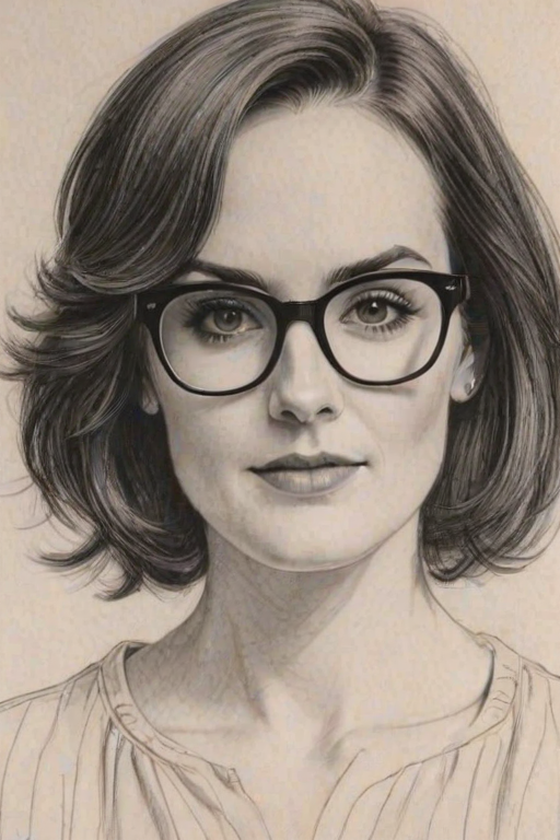 Wonderful Michelle Dockery, pencil sketch, portrait of Delightful woman 1978s in glasses, hair style beatnik, outline, clear lines, fine lines, 8k