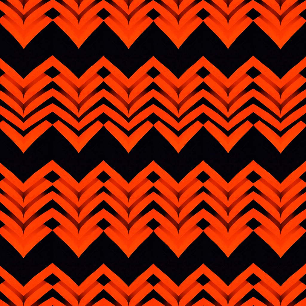 Generate an image of a repeating zigzag pattern with bold black and bright orange colors, using a DSLR camera with a 50mm lens, aperture set to f/8, ISO 100, shot from a top-down view, in high dynamic range (HDR) style for enhanced color vibrancy and detail.