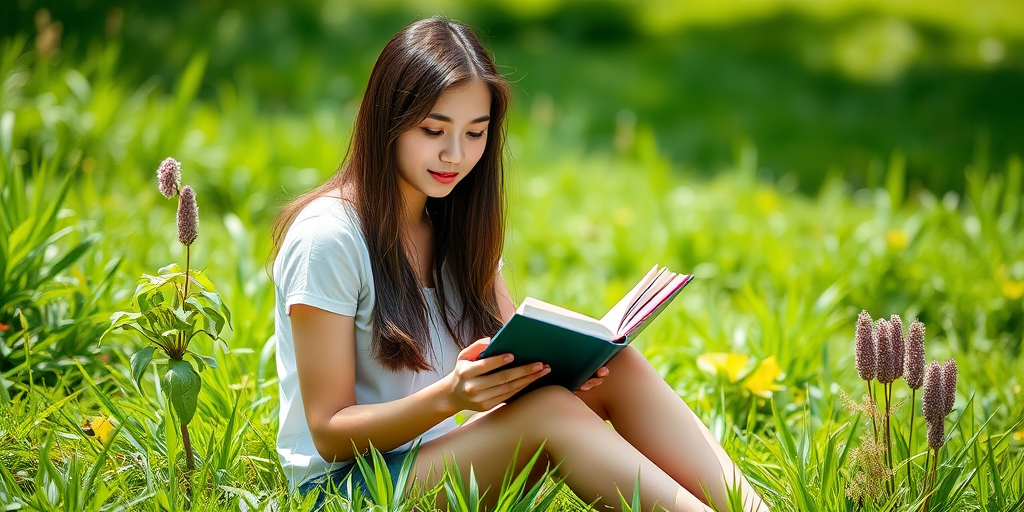 portrait of a young woman sitting on grass reading a book surrounded by greenery, natural daylight, shallow depth of field, f/1.8 aperture, ISO 100, 50mm lens, soft focus background, high-resolution DSLR camera