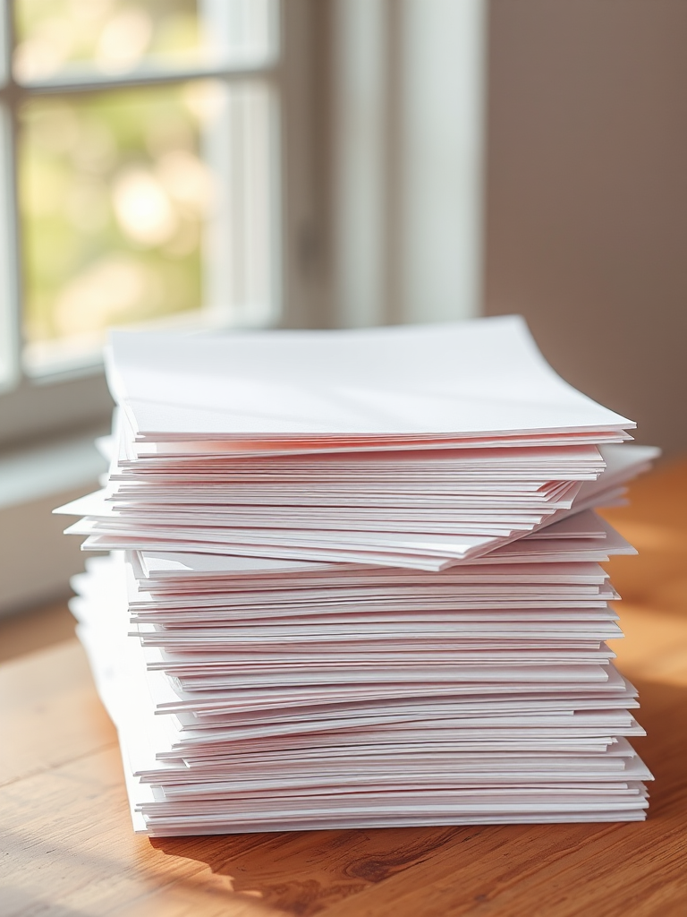 Create a high-resolution image of blank sheets of paper stacked on top of each other, using a DSLR camera set to f/2.8 aperture, ISO 100, 50mm lens, with a soft natural light source and a shallow depth of field to enhance clarity and focus on the paper texture.