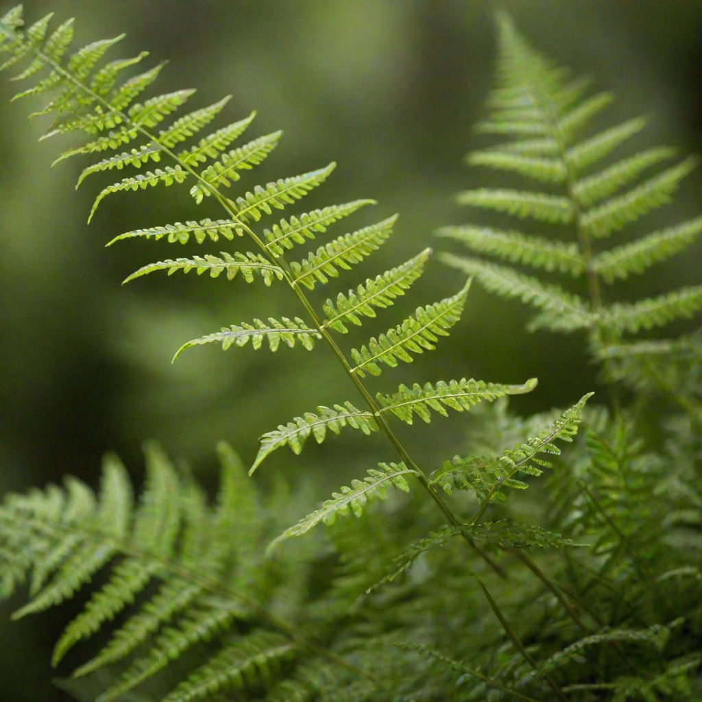 macro shot of green fern leaves with a blurred background, ISO 200, f/2.8, 1/100 sec, natural lighting, DSLR camera, shallow depth of field