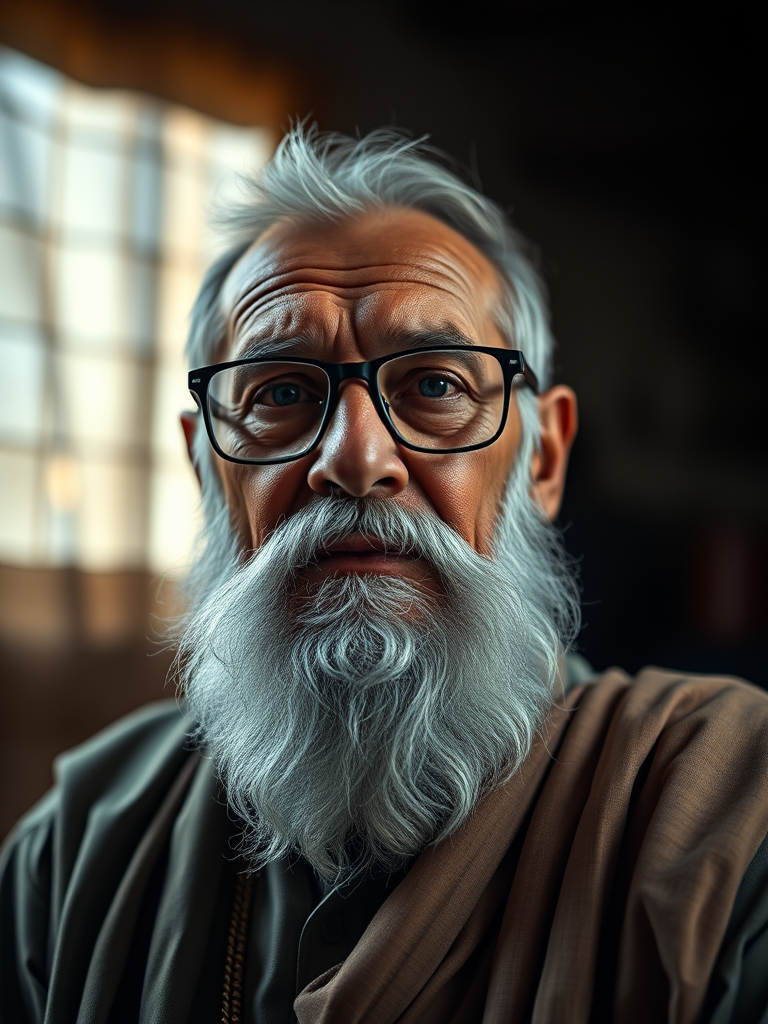 Create a hyper-realistic portrait of an elderly man with a beard and glasses, wearing traditional attire, in dramatic lighting with a soft focus background, using a DSLR camera with a 50mm lens, f/1.8 aperture, ISO 100, and a low angle view to enhance depth and detail.