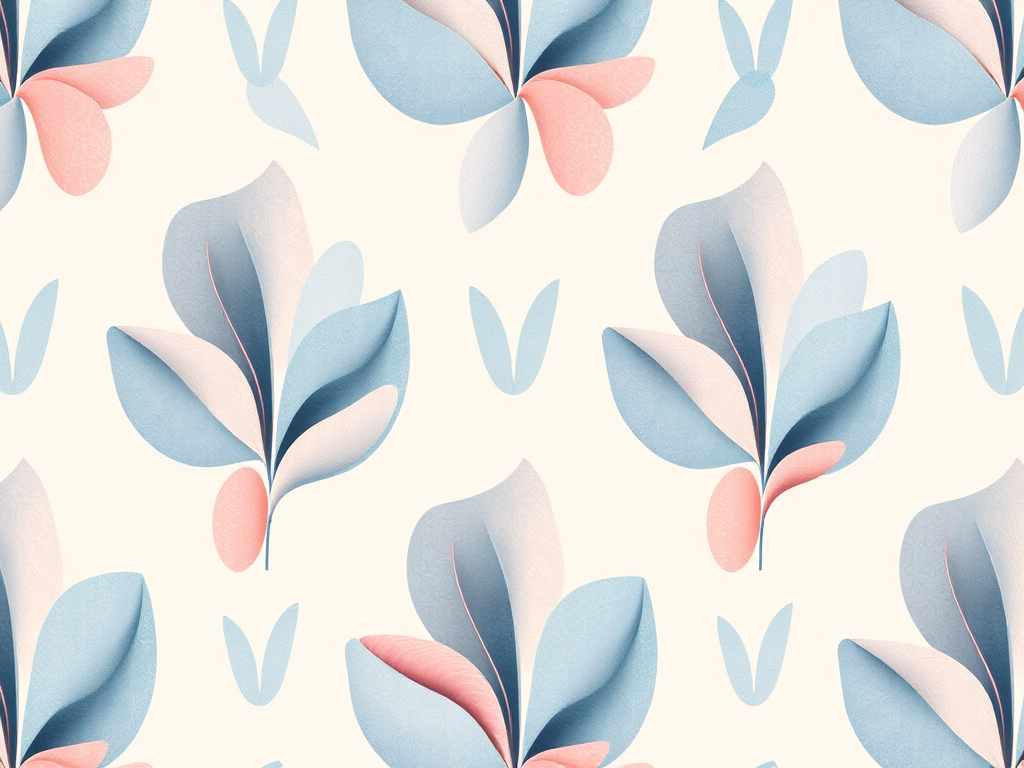 Create a seamless pattern of abstract botanical shapes with soft curves and organic forms, using a pastel color palette of blue and pink set against a light beige background, shot with a Canon EOS R5, 50mm lens, f/8 aperture, using a macro photography style to capture intricate details and smooth texture.