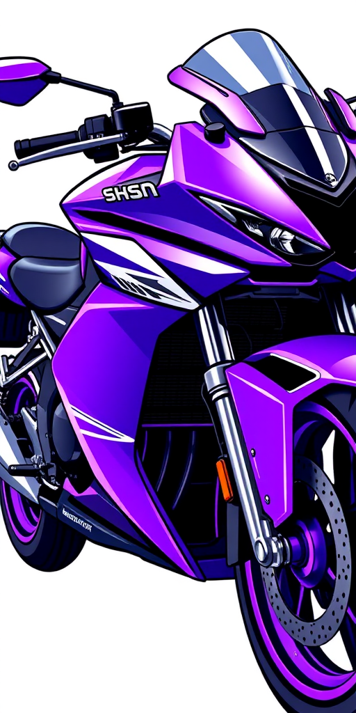Create a vibrant digital illustration of a purple motorcycle with sleek lines and detailed features, using a high-resolution setting, ISO 100, aperture f/4, 50mm lens, in a side view composition with a focus on contrast and color saturation.