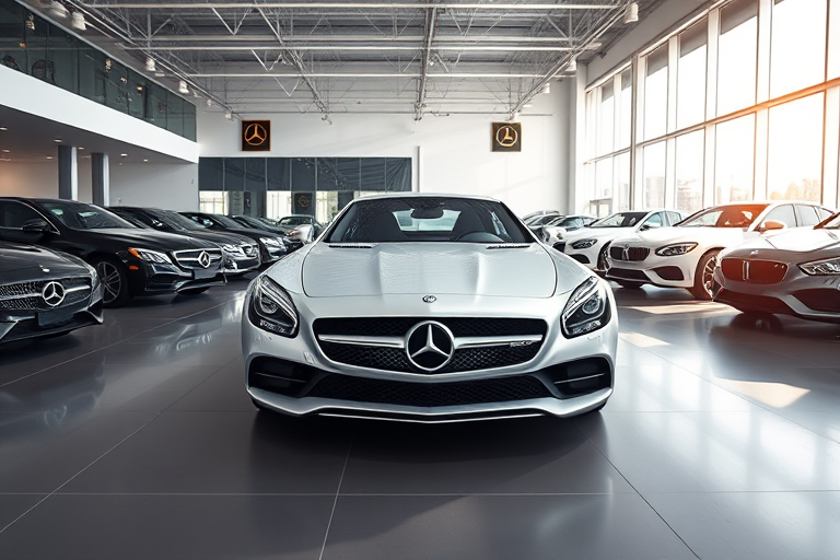 interior of a luxury car showroom featuring a sleek silver Mercedes-Benz car in the center, surrounded by various models, bright natural lighting from large windows, captured with a DSLR camera, 35mm lens, f/2.8 aperture, ISO 200, wide-angle view to enhance depth and detail