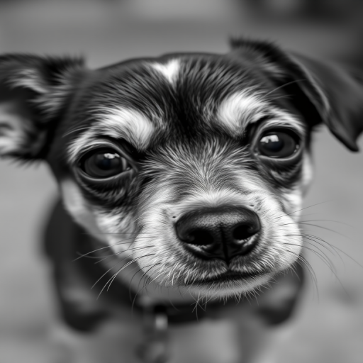 A close-up photograph of a small dog with distinct features, captured in high contrast black and white, using a DSLR camera with a 50mm lens, aperture f/1.8, ISO 100, shot from eye level for sharp focus and a blurred background, emphasizing the dog's expressive eyes and fur texture.