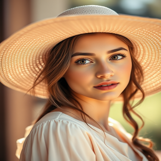 Create a portrait of a young woman wearing a wide-brimmed hat with soft, natural lighting, focus on her expressive eyes and gentle features, use a 50mm lens at f/1.8 for a shallow depth of field, shot in a soft focus style with a Canon EOS R5 for a high-resolution finish.