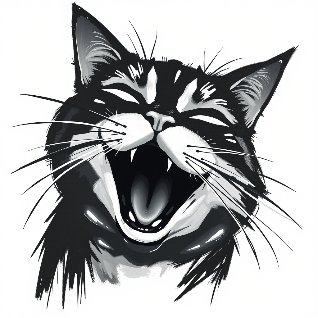 Abstract black and white acrylic portrait of an over exaggerated laughing (cat). Minimalism style. White background.