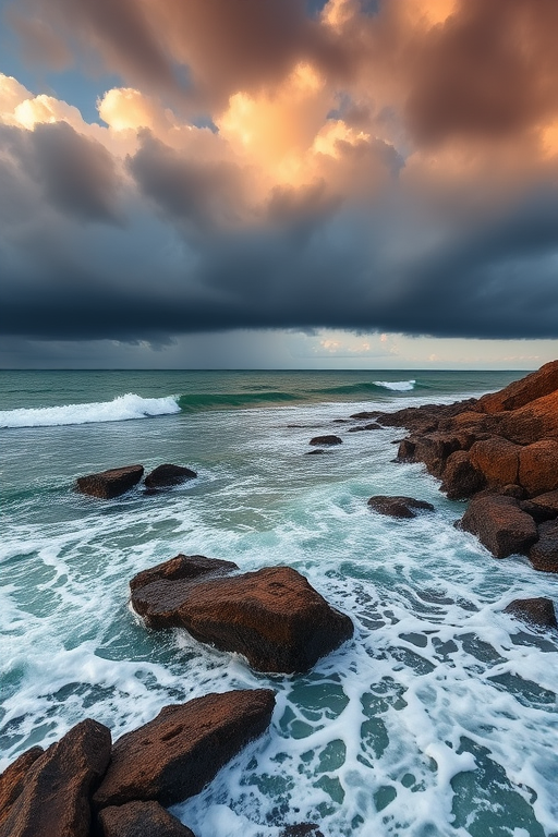 Capture a dramatic seascape with stormy clouds above, waves crashing against rocky shores, use a wide-angle lens at f/8 for depth of field, ISO 200, shutter speed 1/60 sec, shoot in raw format for enhanced post-processing, during golden hour for soft lighting.