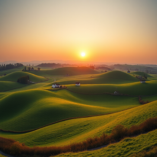 A picturesque rural landscape featuring rolling green hills dotted with charming houses under a soft sunset sky, captured with a DSLR camera, 50mm lens, f/1.8 aperture, ISO 100, 1/200s shutter speed, in a vibrant color style and panoramic view.