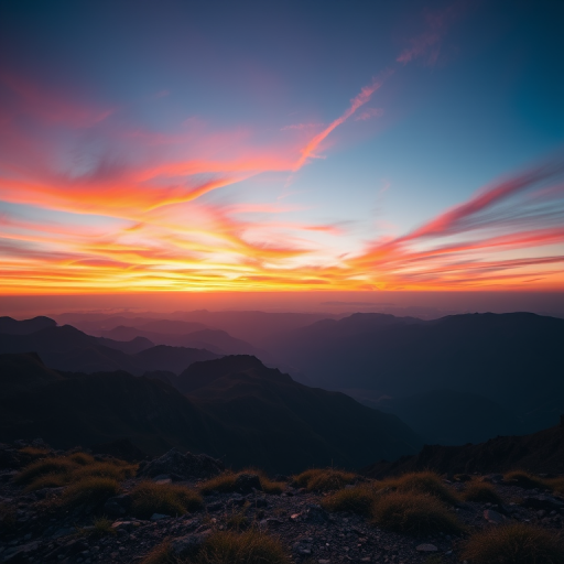 Create a high-resolution image of a serene sunset over a mountain range with vibrant colors in the sky, shot with a Canon EOS R5, ISO 100, f/11, 1/200s, using a wide-angle lens at 24mm to capture the expansive landscape.