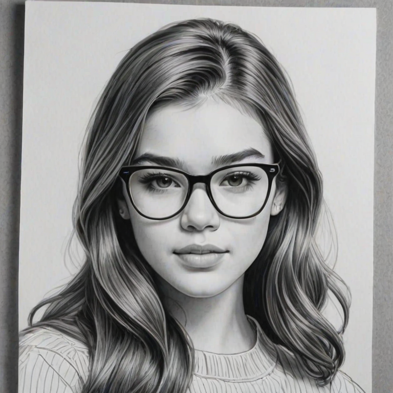 Pleasing Hailee Steinfeld, pencil sketch, portrait of Lovely woman 1958s in glasses, hair style beatnik, outline, clear lines, fine lines, 8k