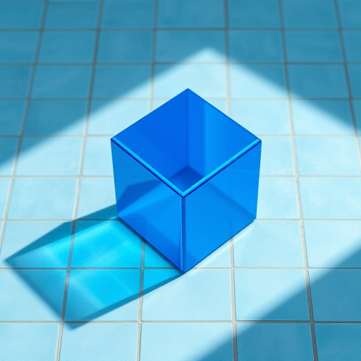 generate a high-resolution image of a reflective blue cube positioned on a grid of light blue tiles with soft shadows, using a DSLR camera with a 50mm lens, aperture f/8, ISO 100, and a focal length of 50mm, capturing a top-down view in natural lighting.