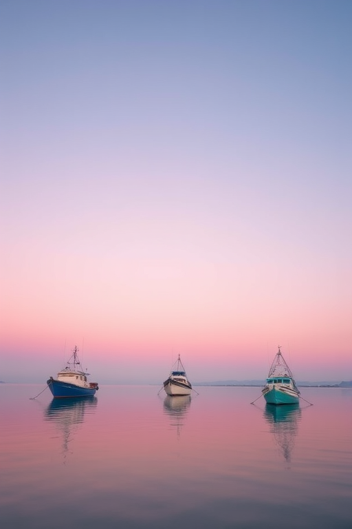 capture a serene landscape of three fishing boats on calm water at dawn, soft pastel pink sky, long exposure for smooth water effect, DSLR camera with a 35mm lens, f/8 aperture, ISO 100, shot from a low angle with a slight tilt to emphasize reflection