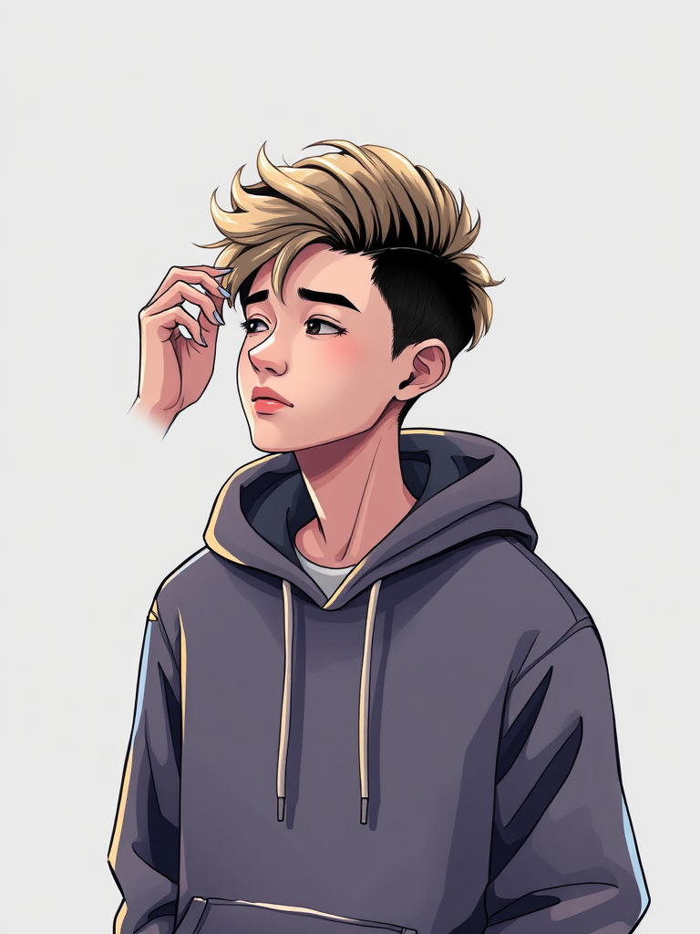 Create a high-resolution illustration of a person in a hoodie applying a changeable hairstyle, captured with a Canon EOS R5 at f/2.8, ISO 100, 50mm lens, in a soft-focus studio setting, emphasizing sharp details and smooth lines.