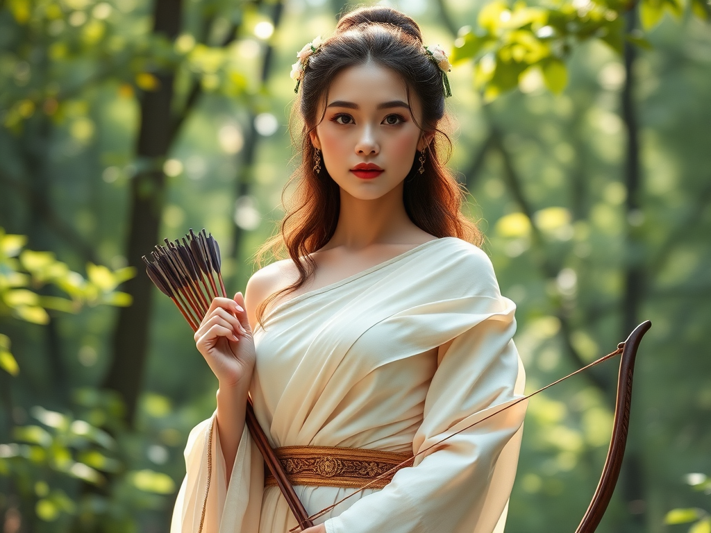Create a portrait of a goddess-like Chinese girl figure in a tranquil, forested environment. She has an elegant appearance with long, wavy hair styled in an updo and adorned with a delicate, floral headband. She wears a flowing, ancient Greek-inspired gown in a soft, pale color, featuring a one-shoulder design and draped fabric that accentuates her graceful form. The outfit includes a decorative belt with ornate gold detailing, and she holds a bow in her hand, with a quiver of arrows slung over her shoulder. The background depicts lush greenery, with sunlight filtering through the trees, casting a gentle, ethereal light on the scene. Her expression is calm and contemplative, embodying a sense of wisdom and serenity.