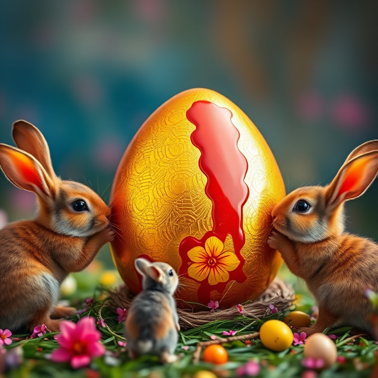 A whimsical scene of rabbits painting a large golden egg, vibrant colors with a soft focus background, shot with a Canon EOS R5, 50mm f/1.2 lens, aperture f/2.8, ISO 100, natural light for enhanced clarity and detail.