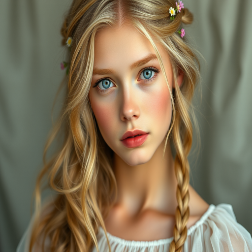 Create an image of a young Eurasian woman with long, wavy blonde hair, adorned with small, colorful flowers woven into her braids and loose strands. Her complexion is fair, with soft, glowing skin, and she has light blue eyes that gaze softly at the viewer. She wears a light, flowing dress with a gentle, ethereal quality, complementing her delicate and serene appearance. The background is slightly blurred, drawing focus to her tranquil expression and the intricate details of the flowers in her hair. The overall mood of the image is one of natural beauty and grace, evoking a sense of peacefulness and connection with nature.