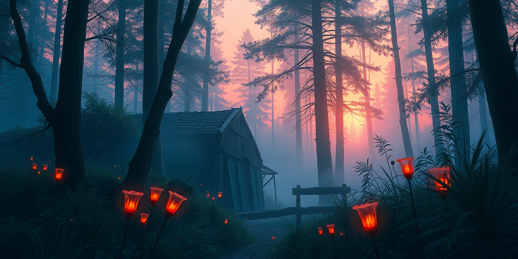 Create a detailed illustration of a mystical forest at twilight with glowing flora and soft fog, captured with a Canon EOS 5D Mark IV at f/2.8, 50mm lens, ISO 400, 1/60 sec, using a shallow depth of field for a dreamy effect.