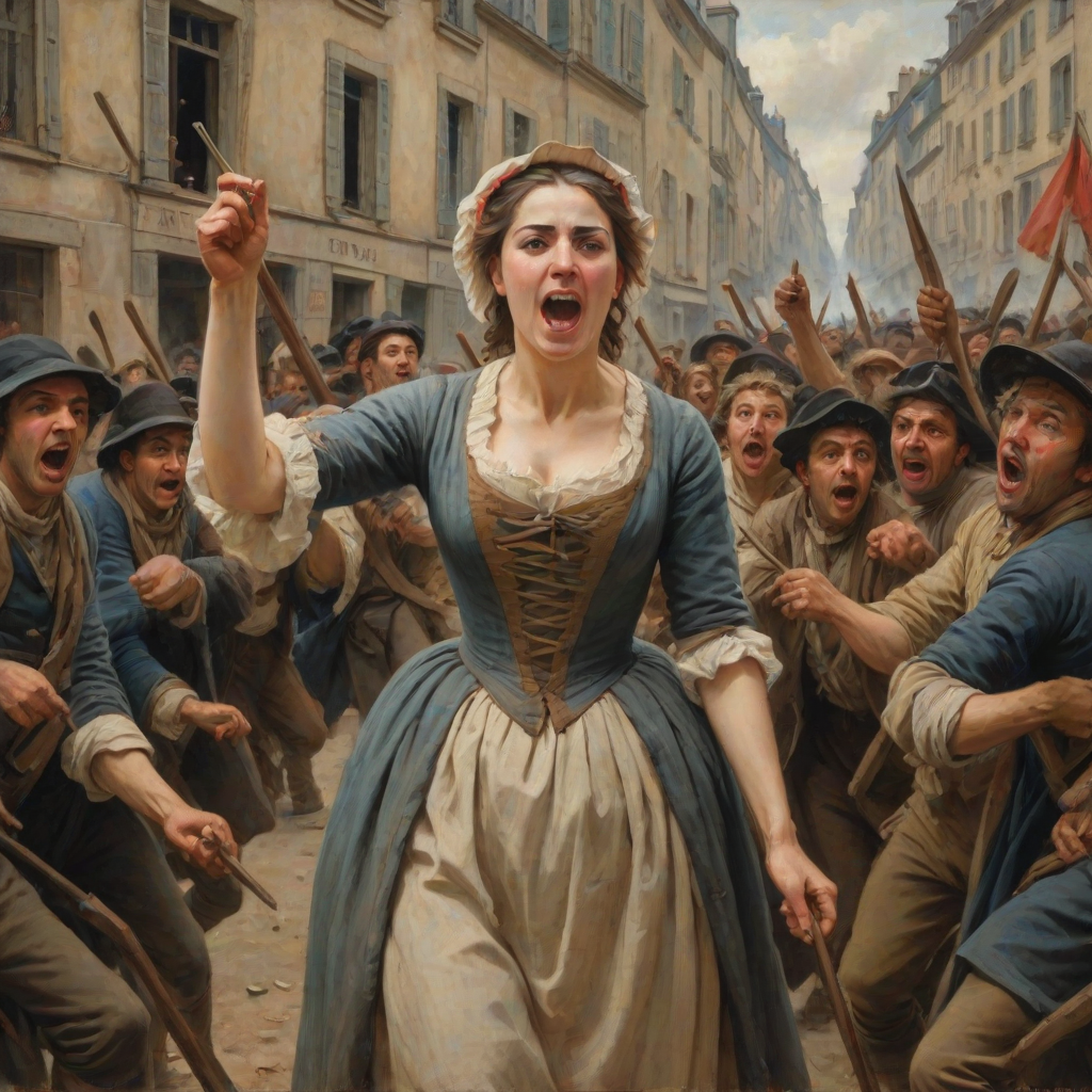 Beautiful impressionistic oil painting of a woman in the 1870s in france during the french revolution holding a three-pronged simple pitchfork and leading a rabble of shouting people to the bastille. She is clothed in french peasant clothing of the early 19th century and has a determined look on her face