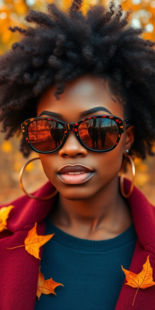 Create a vibrant portrait of a woman with an afro hairstyle in autumn colors, wearing stylish sunglasses that reflect a scenic landscape, surrounded by falling leaves, soft focus, 50mm lens, f/2.8 aperture, ISO 100, natural light, shot from eye level for a dynamic visual impact.