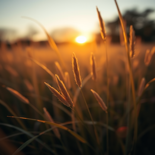 Capture a close-up view of golden grass in soft focus during golden hour, using a DSLR camera with a 50mm lens, aperture set to f/2.8 for shallow depth of field, shutter speed 1/200s, and ISO 100 to enhance image quality.