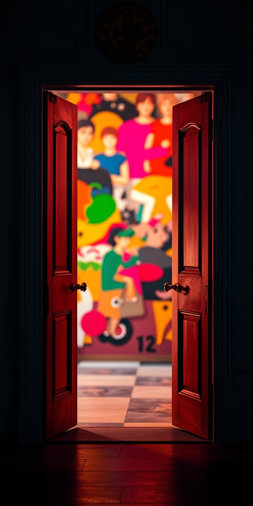 Create an image of an open double door leading into a vibrant, abstract space with a mixture of colors and patterns visible through the doorway, captured with a Canon EOS 5D Mark IV, 24mm f/1.4 lens, aperture set to f/4, ISO 100, and a slight vignette effect for depth.