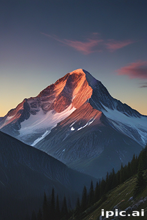 Majestic Mountain Peak Bathed in Sunset Light Against a Clear Sky