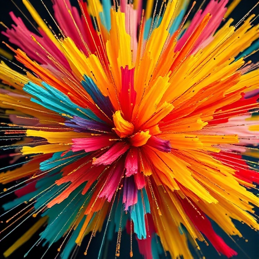 create a vibrant explosion of colors with dynamic brush strokes using a Canon EOS 5D Mark IV, f/8 aperture, ISO 100, 24mm lens, shot in a close-up view to enhance color detail and texture