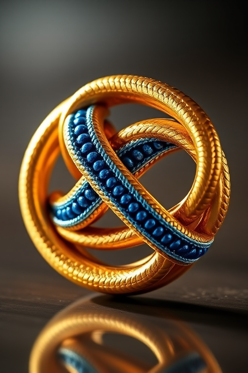 Create a high-resolution image of a complex golden infinity knot with intricate blue accents, illuminated by soft backlighting to enhance reflections and details, captured with a 50mm lens at f/1.8, ISO 100, using a DSLR camera in macro view for sharp focus and a dreamy bokeh background.