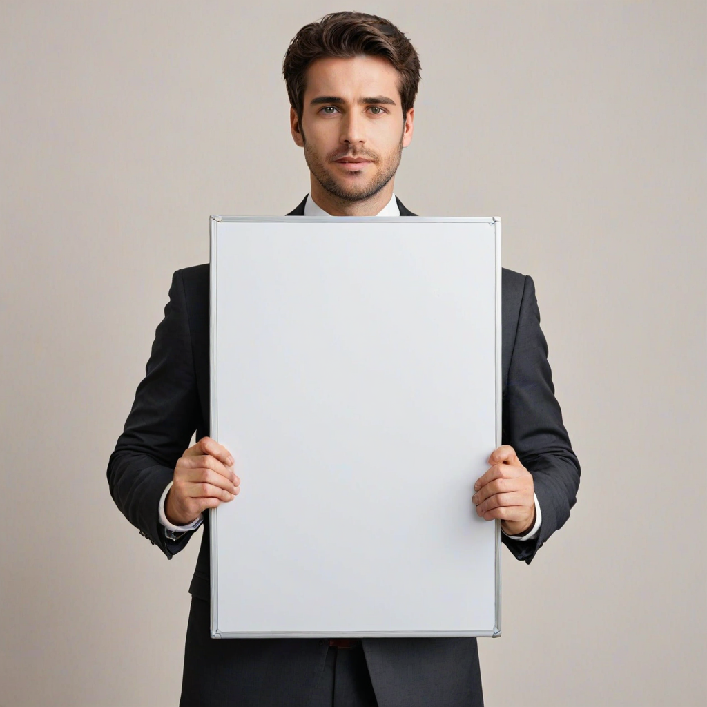 Create an image of a professional individual in a business suit, holding a large blank whiteboard in front of their face. The background should be neutral to emphasize the person and the blank board. Make sure the person's hands are visible, and they are positioned at mid-chest level, showcasing the blank space clearly.