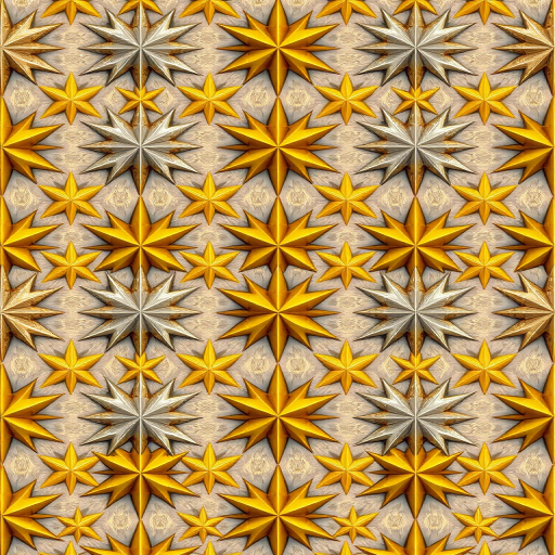 Create an image of a pattern featuring alternating silver, gold, and yellow stars arranged in rows, using a DSLR camera at f/8 aperture, ISO 100, 50mm lens, top-down view, high-resolution digital style.