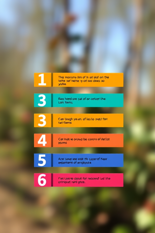 Create a high-resolution illustration of numbered list items 1 to 5, using a clean and modern design, vibrant colors, with a depth of field effect, taken with a DSLR camera at ISO 100, f/2.8 aperture, focal length 50mm, in natural lighting.