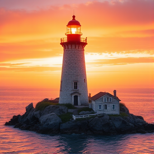 Generate an image of a tall lighthouse perched on a rocky outcrop surrounded by calm ocean waters during a breathtaking sunset. The lighthouse stands sturdy and weathered, its stone surface illuminated by the warm golden light of the setting sun. The sun's rays pass directly through the glass lantern room at the top of the lighthouse, casting a brilliant light across the scene. The sky is painted with vibrant shades of orange, pink, and purple, reflecting off the tranquil sea. The surrounding water shimmers with the same warm hues, creating a serene and majestic atmosphere.