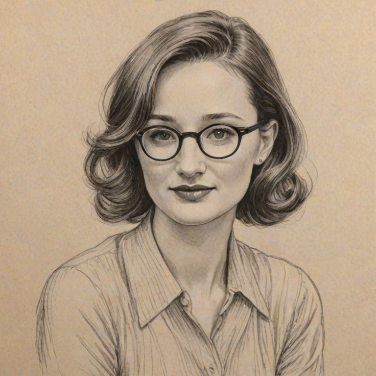 Lovely Emily Mortimer, pencil sketch, portrait of Exquisite woman 1945s in glasses, hair style beatnik, outline, clear lines, fine lines, 8k