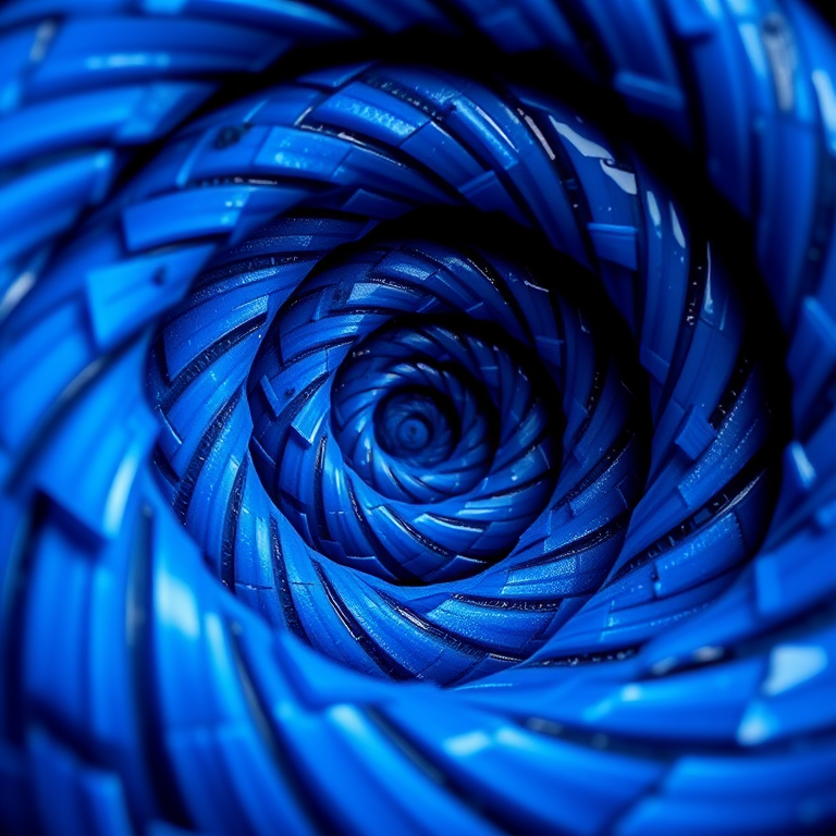 Create a high-resolution image of a blue spiral with intricate patterns and a glossy finish, using a Canon EOS R5 with a 50mm lens, aperture set to f/2.8, ISO 100, and a macro view for enhanced detail and clarity.