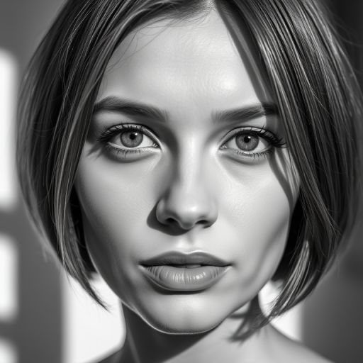 Create a high-contrast black and white portrait of a woman with a bob haircut, using a Canon EOS R5 camera, 50mm lens, aperture f/1.8, ISO 100, shoot in soft natural light, capturing a close-up view with a focus on facial features and smooth skin texture, emphasizing artistic shadows.