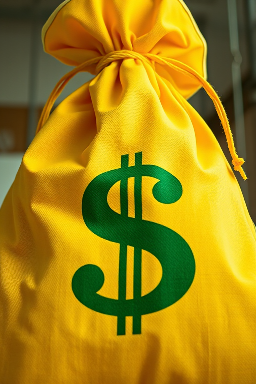 A large yellow money bag with a green dollar sign symbol, captured with a 50mm lens, f/1.8 aperture, ISO 100, soft natural lighting, from a slight top-down angle to emphasize texture and color.