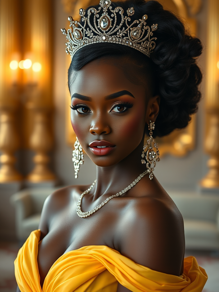 A gorgeous Zambo woman in a luxurious Yellow gown, accessorized with a dazzling tiara and statement earrings, her deep black eyes highlighted by impeccable makeup, poised in a royal setting, photorealistic, 8K quality